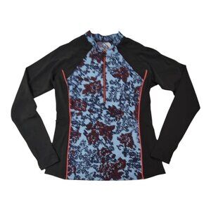 Floral Rash Guard Swim Top Colorblock Long-Sleeve Zip Black & Blue Womens M